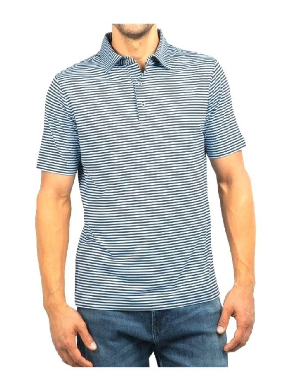 NWOT Scott Barber Men's XL Blue & White Striped Polo Shirt Polyester Blend
